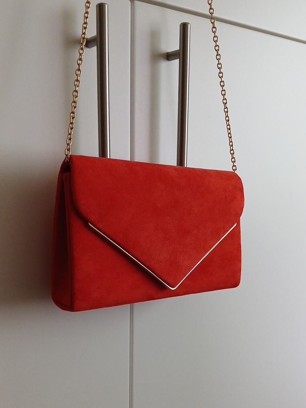 Red Orange Suede Envelope Clutch with Gold Chain Strap